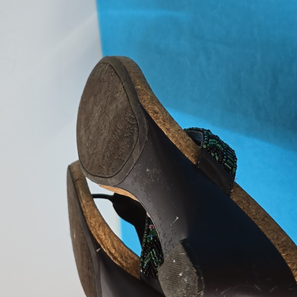 Kenneth Cole Reaction Turquoise Beaded Woven Cork Wedge Thong Sandals Shoes - Picture 10 of 11